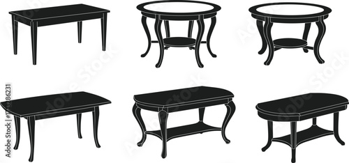 Wooden dining tables, classic furniture silhouettes, elegant table vector, vintage desk illustration, rustic home decor, interior furniture design, decor elements