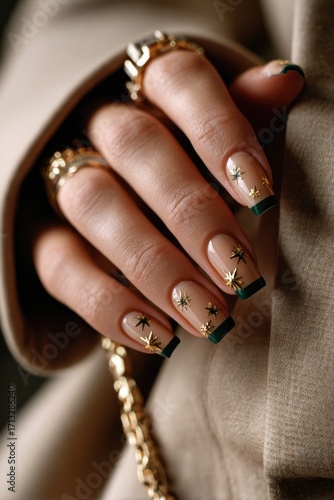Close-up of square nails with beige base, deep green tips, and gold star overlays. Perfect for Christmas beauty ads, nail salon promos, holiday style blogs, or festive social media content.
