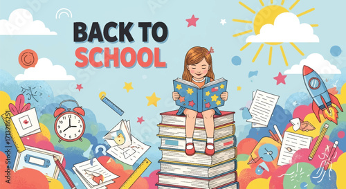 Adobe illustrator artwork vector illustration. A joyful girl sits atop a stack of books, reading, with "Back to School" text, rockets, and school supplies under a sunny sky