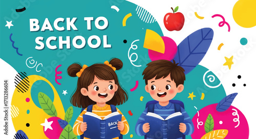 Adobe illustrator artwork vector illustration. Two happy children, a girl reading a book and a boy writing, celebrate "Back to School" amidst colorful abstract shapes and an apple