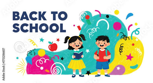 Adobe illustrator artwork vector illustration. Two happy children, a girl reading a book and a boy writing, celebrate "Back to School" amidst colorful abstract shapes and an apple