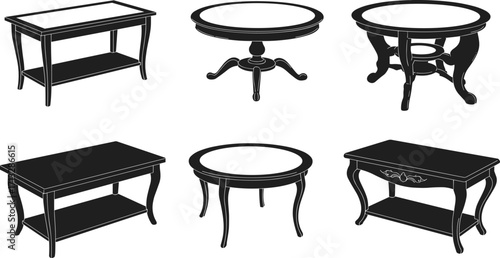 Wooden tables collection, vintage furniture silhouettes, elegant table vector, rustic home design, round and rectangular desk illustration, interior decor elements