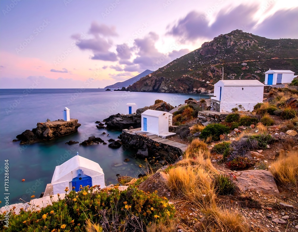 Fototapeta premium Coastal village at sunset
