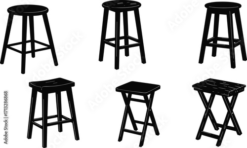 Wooden stools, bar stools, rustic seating, folding stools, furniture silhouettes, simple chairs, vintage seating, modern design stools, black vector illustration