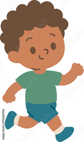 Kindergarten Boy with Curly Hair Running During