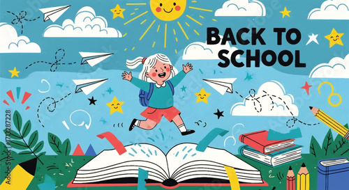 Adobe illustrator artwork vector illustration. Two happy children, one holding an "A+" paper and another reading a book, celebrate "Back to School" with educational elements