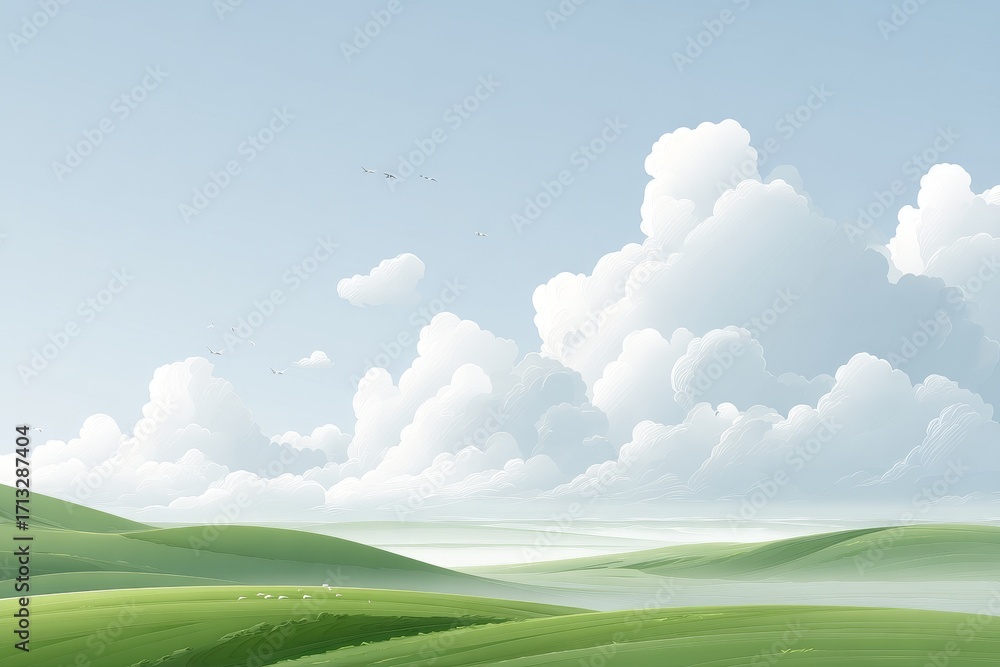 Obraz premium A peaceful landscape featuring green rolling hills and fluffy white clouds against a clear blue sky, evoking a sense of calm and natural beauty.