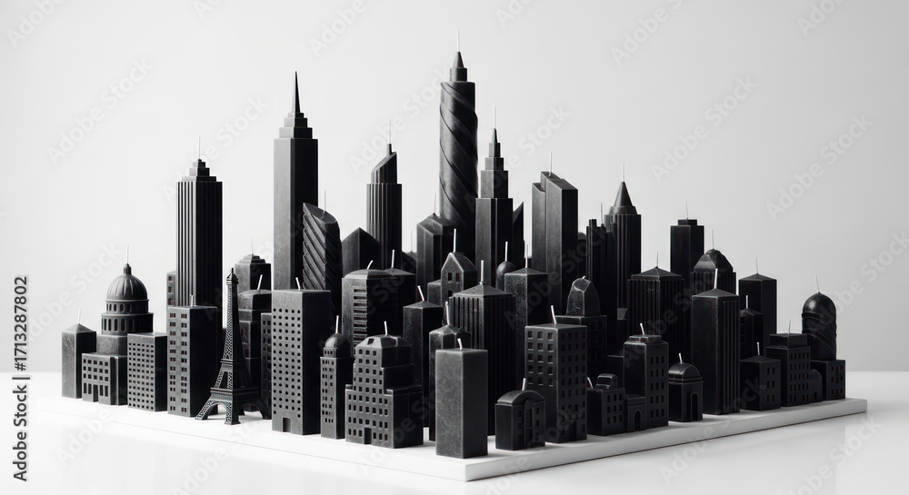 Naklejka premium Monochromatic metropolitan dreamscape: Black architectural silhouette on a bright urban horizon
