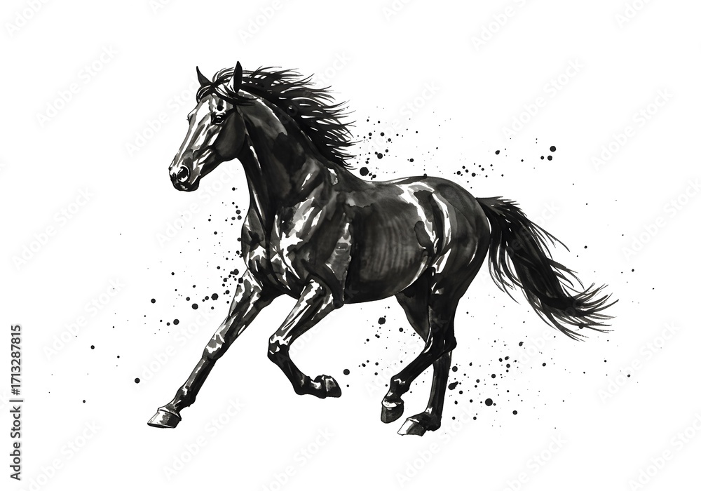 Obraz premium Black Horse Running in Dynamic Motion Artistic Ink Illustration