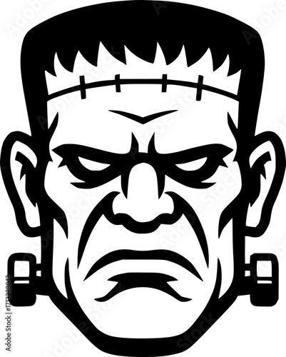 Cartoon Halloween Frankenstein monster mascot head vector black and white icon isolated illustration image decal design