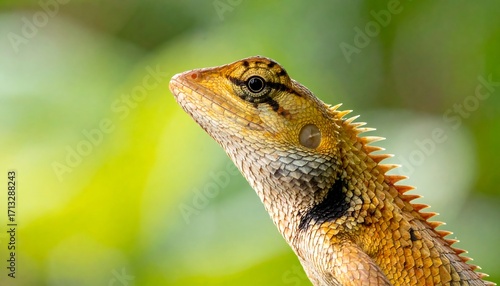Close-up view of a lizard with a warm yellow-brown color, showcasing intricate scales and a watchful gaze against a blurred, verdant backdrop.