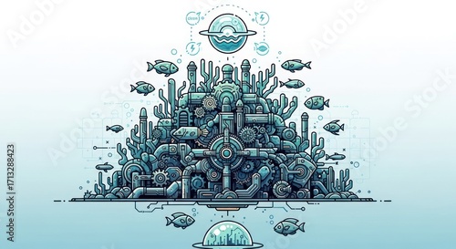 Underwater industrial complex illustration depicting symbiosis between machinery and marine life