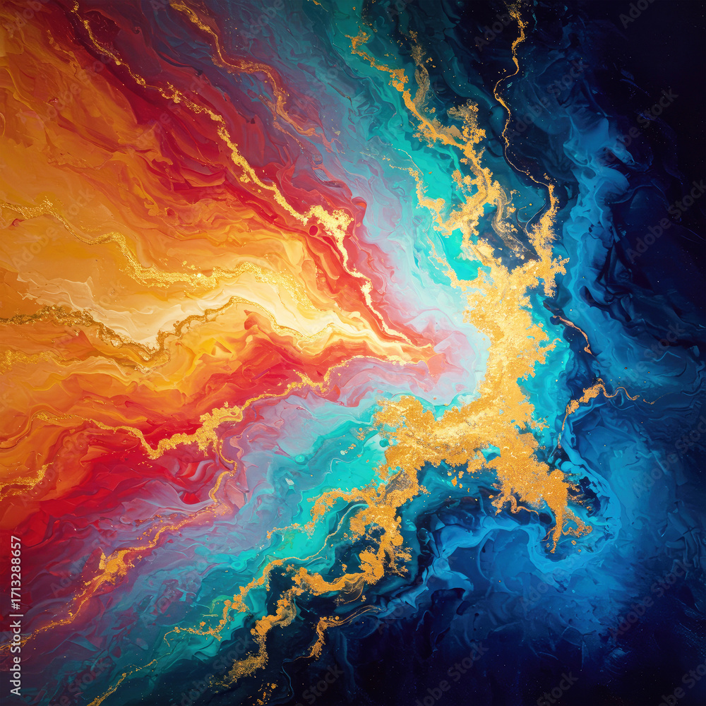 Fototapeta premium Stunning abstract art with vibrant orange, red, and blue swirls accented by sparkling gold textures