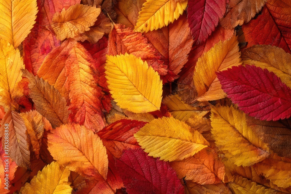 Obraz premium Vibrant tapestry of fallen autumn leaves in warm hues of red yellow and orange creating a rich seasonal background