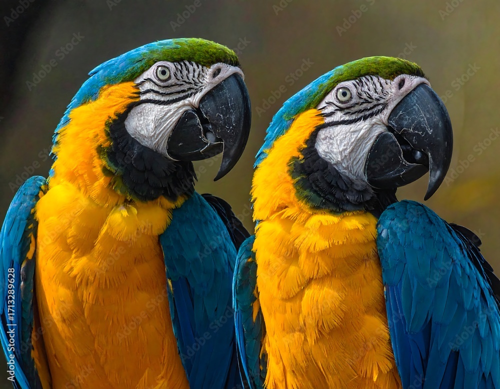 Fototapeta premium Two vibrant macaws, showcasing brilliant yellow and blue plumage, are pictured close up.