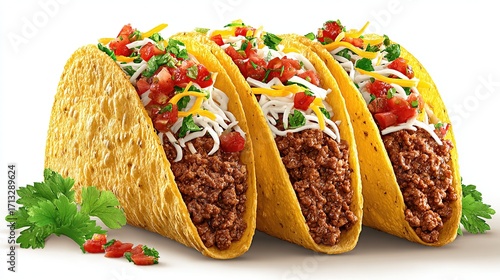 Three golden-brown taco shells filled with seasoned ground beef, topped with shredded cheese, diced tomatoes, and a vibrant salsa. Fresh cilantro sprigs accentuate the image
