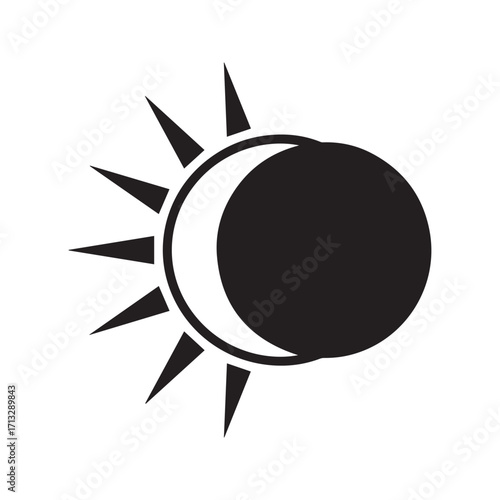 Solar eclipse icon showing the moon passing in front of the sun. Black and white vector graphic symbol of a celestial astronomical event, isolated on a white background.
