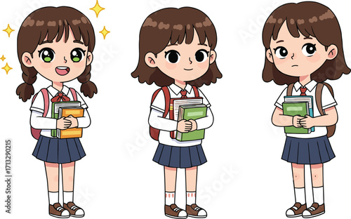 Cartoon schoolgirl characters, holding books, different hairstyles, various expressions, student uniform, educational theme, happy, neutral, shy poses, vector illustration, learning concept
