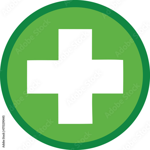 White medical cross icon emblem inside a vibrant green circle representing health safety and care symbol