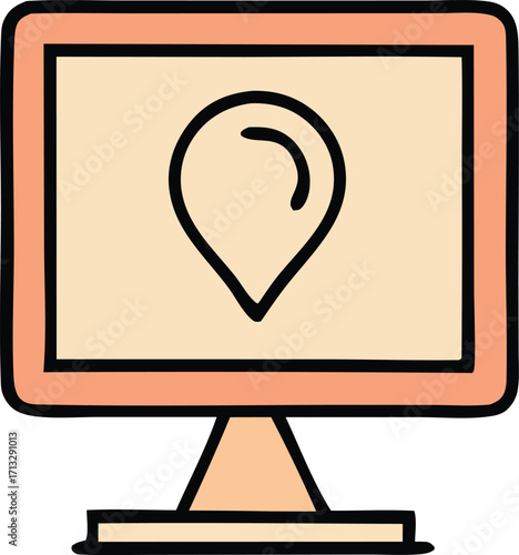 Digital location pin displayed on computer monitor screen simple icon symbolizing navigation and online mapping services