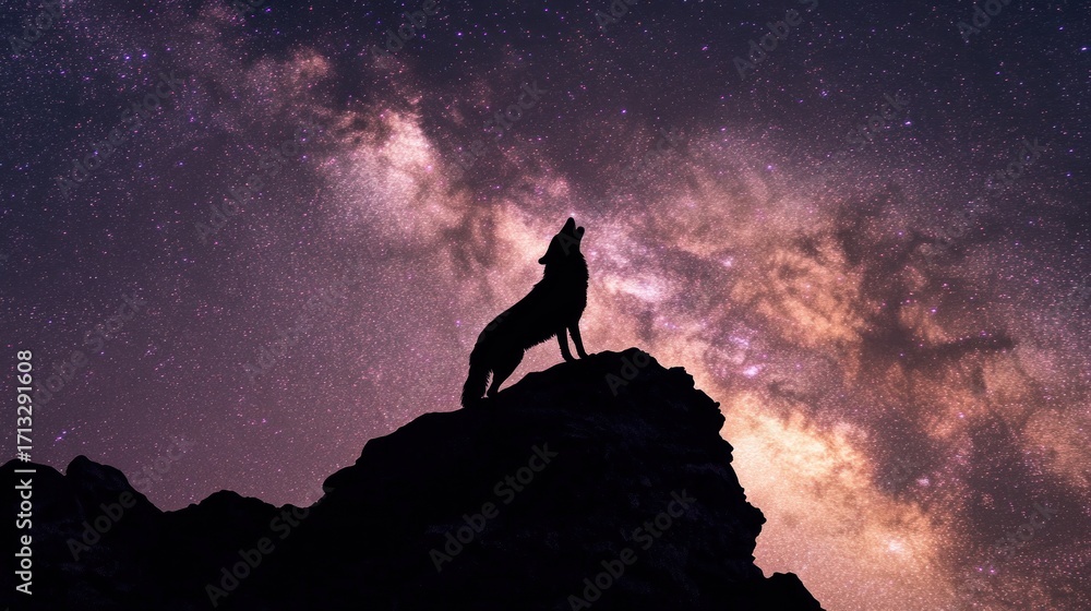Fototapeta premium Silhouette wolf howling at Milky Way