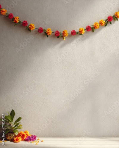 Modern plain wall decorated with a small Deepavali garland in a clean minimalist style.
