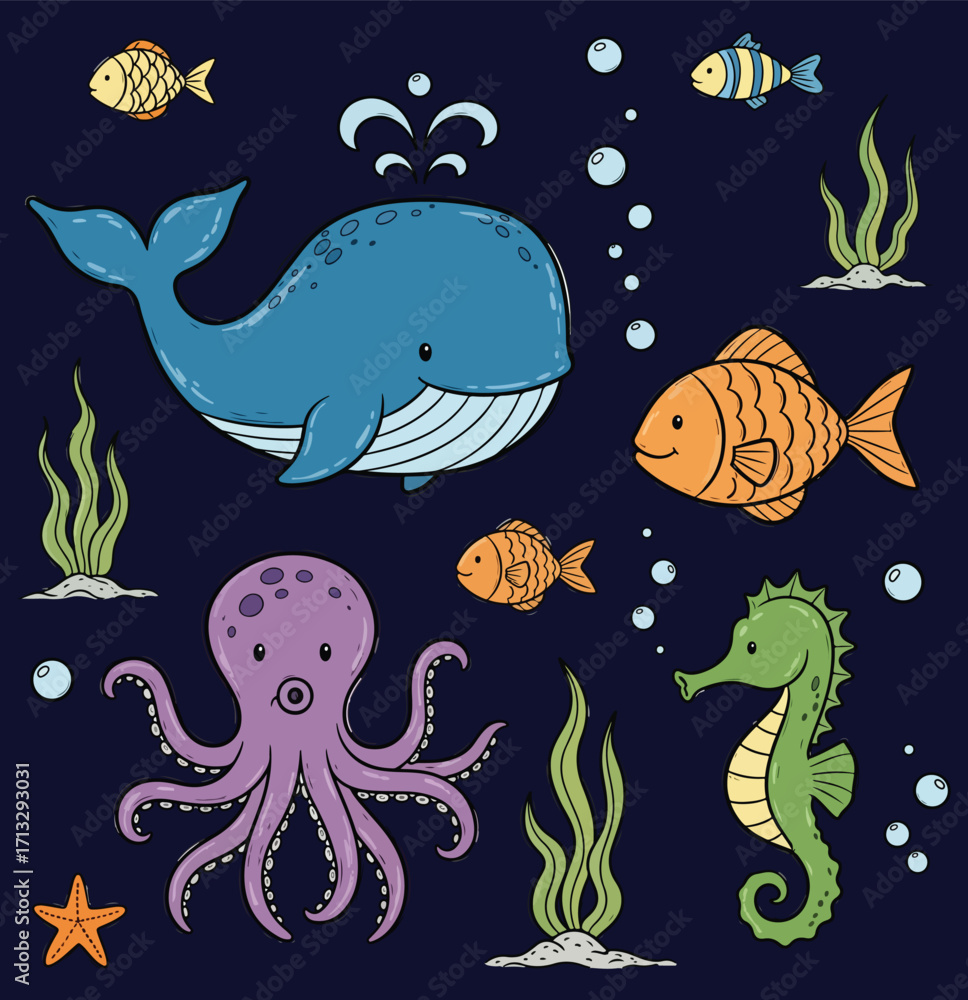 Obraz premium A cute collection of hand-drawn cartoon sea creatures, including a whale, seahorse, octopus, and fish