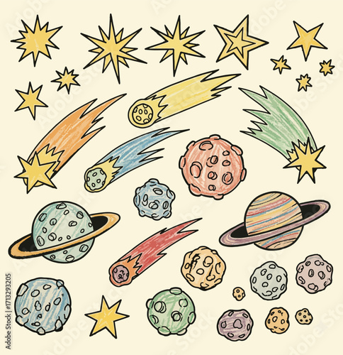 A fun collection of cosmic doodles with planets, comets, asteroids, and stars in a hand-drawn crayon style