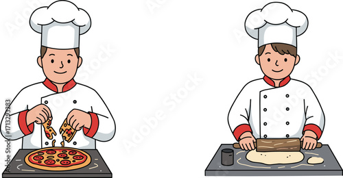 Cartoon chefs making pizza, adding toppings, rolling dough, culinary art, baking process, kitchen scene, professional cook, food preparation, vector illustration, restaurant concept