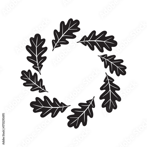 Oak leaf wreath silhouette. Circular frame of black leaves forming a rustic, nature-inspired border. Isolated vector graphic for autumn and forest themes.
