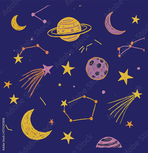 Crayon-drawn illustrations of moons, constellations, and other celestial objects