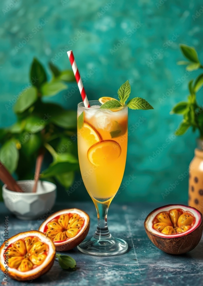 Fototapeta premium Refreshing coconut water drink infused with passionfruit and basil drink, umbrella, cocktail, summer 