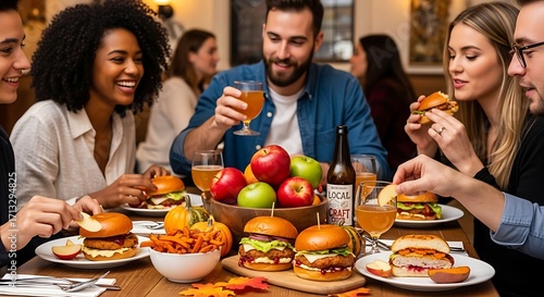 Friends enjoying burgers and drinks at a restaurant, happy faces.