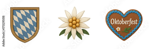 Oktoberfest template accessories, Bavarian culture icon set including edelweiss flower, gingerbread heart with Oktoberfest lettering, and traditional blue shield, ideal for fall-themed design