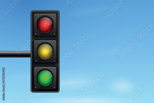 Vector 3d Traffic Light with Red Yellow Green Signals. Urban Traffic Light on Pole. Realistic Traffic Light for Road Safety, City Transportation Rules and Driving Education Concept
