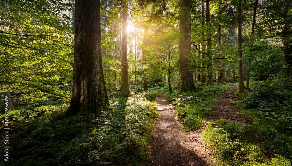 Fototapeta premium Sunlit Path Through A Lush Forest Sunlight Filtering Through Trees Creating A Tranquil Woodland Scene