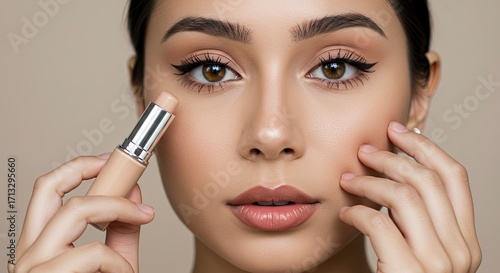 Flawless Beauty: Close-Up of Woman Applying Concealer Stick with Perfect Makeup