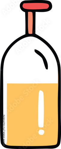 Stylized cartoon bottle filled with golden liquid and a red cap simple drawing icon for beverages and drinks