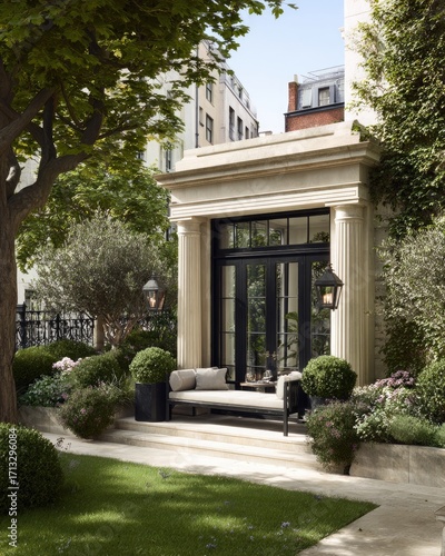 A luxurious outdoor patio area with a stylish garden design, featuring a light beige stone terrace, a black metal daybed, and tall, lush green trees.
