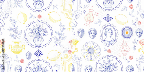 Charming vintage seamless pattern with botanical illustrations portraits and decorative elements in blue yellow and red