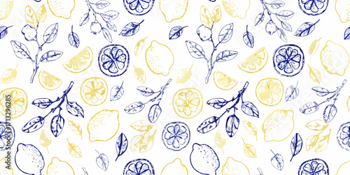 Hand drawn lemon branches slices and whole fruits seamless pattern in blue and yellow on white background