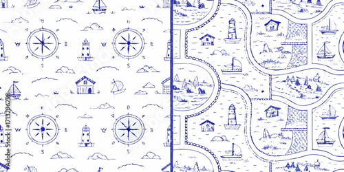 Charming hand drawn nautical seamless pattern with compasses sailboats lighthouses and coastal villages