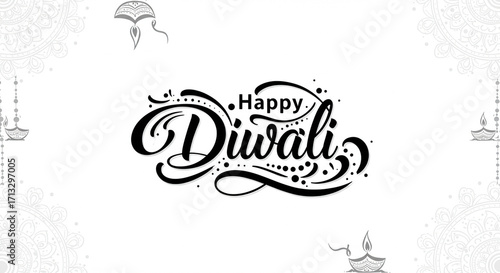 Happy diwali text design with decorative elements and light background for festive celebration card
