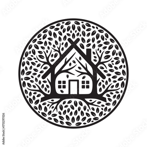 Tree house logo icon. Abstract circular symbol of a home with branches and leaves representing nature, ecology, and real estate.
