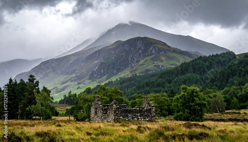 Majestic mountains, shrouded in a misty atmosphere, frame a weathered stone ruin nestled within a valley of lush green foliage.