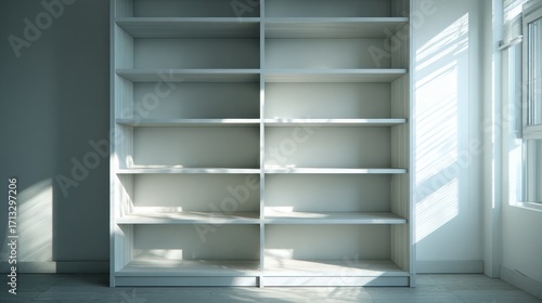Empty modern bookshelf in a bright minimalistic room setup
