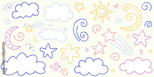 Whimsical hand drawn celestial elements and clouds in pastel colors on a cream background