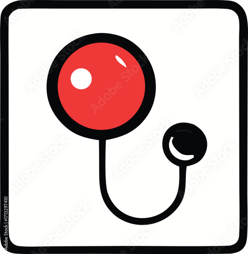 Whimsical red orb with dangling black dot symbolizing playfulness and curiousity graphic element