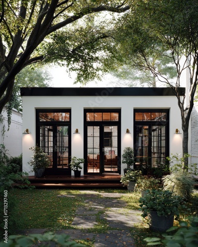 A sun-drenched outdoor patio area with a contemporary white building featuring black framed windows and doors, showcasing a serene and tranquil backyard setting.