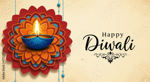 A diwali greeting card featuring a diya on a floral mandala and happy diwali text on a beige background